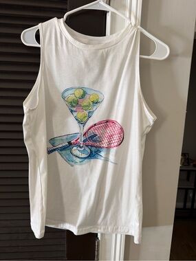 White Tennis Tank Top with martini glass and pink racket